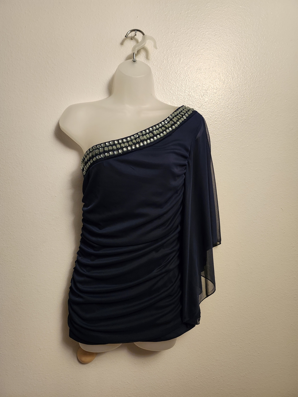 NWT Studio Y Navy One-Shoulder Rhinestone Beaded Ruched Angel- Wing Draped Top